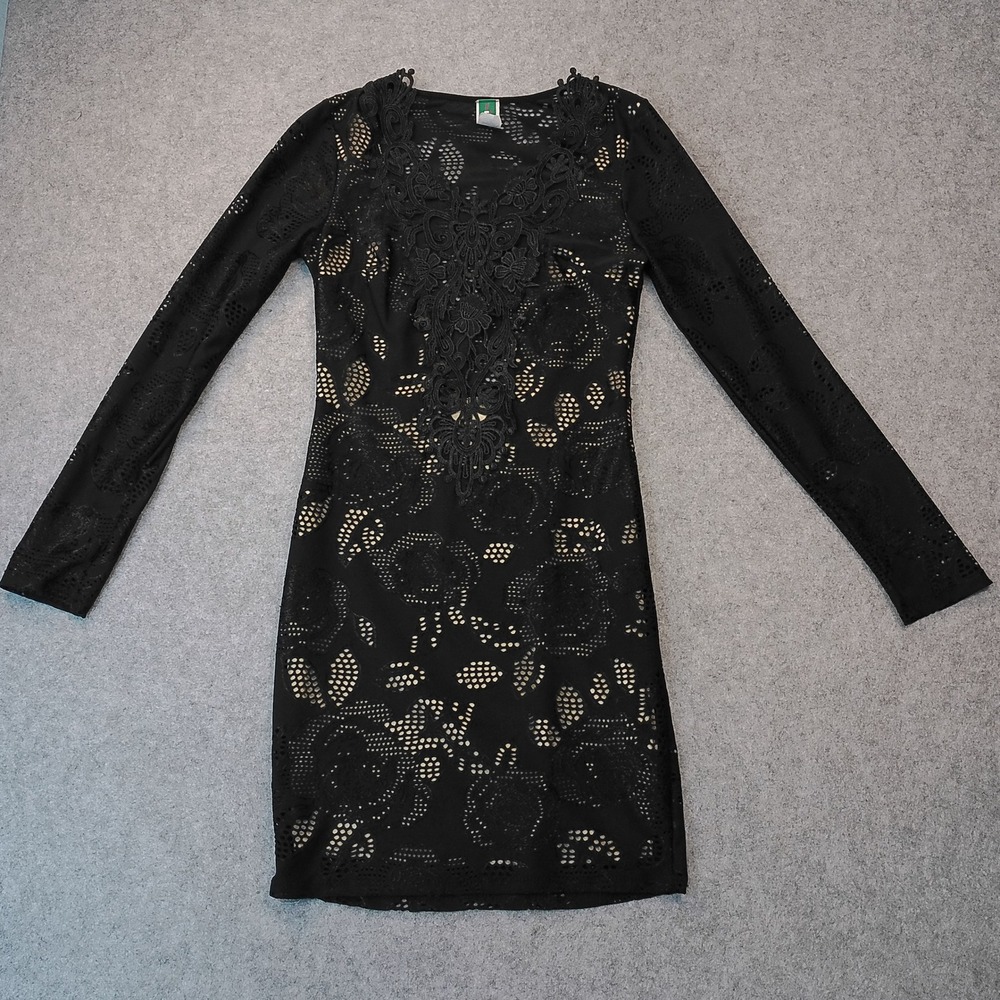 Ipona Collection Black Lace Nude Lining Long Sleeve Crochet Mini Dress Small